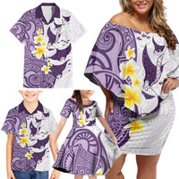 Maori Manta Ray Plumeria Deep Purple Family Matching Off Shoulder Short Dress and Hawaiian Shirt