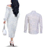 Plumeria Floral White Sunday Couples Matching Off The Shoulder Long Sleeve Dress and Long Sleeve Button Shirt