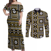 Fiji Masi Tapa Pattern Yellow Couples Matching Off Shoulder Maxi Dress and Long Sleeve Button Shirt - Polynesian Pride