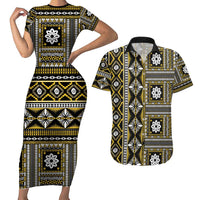 Fiji Masi Tapa Pattern Yellow Couples Matching Short Sleeve Bodycon Dress and Hawaiian Shirt - Polynesian Pride