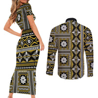 Fiji Masi Tapa Pattern Yellow Couples Matching Short Sleeve Bodycon Dress and Long Sleeve Button Shirt - Polynesian Pride