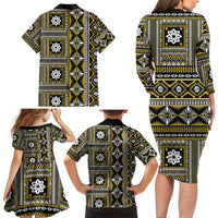 Fiji Masi Tapa Pattern Yellow Family Matching Long Sleeve Bodycon Dress and Hawaiian Shirt - Polynesian Pride