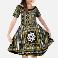 Fiji Masi Tapa Pattern Yellow Family Matching Off The Shoulder Long Sleeve Dress and Hawaiian Shirt - Polynesian Pride
