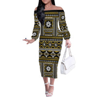 Fiji Masi Tapa Pattern Yellow Family Matching Off The Shoulder Long Sleeve Dress and Hawaiian Shirt - Polynesian Pride