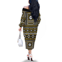 Fiji Masi Tapa Pattern Yellow Family Matching Off The Shoulder Long Sleeve Dress and Hawaiian Shirt - Polynesian Pride