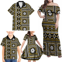 Fiji Masi Tapa Pattern Yellow Family Matching Off Shoulder Maxi Dress and Hawaiian Shirt - Polynesian Pride