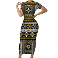 Fiji Masi Tapa Pattern Yellow Family Matching Short Sleeve Bodycon Dress and Hawaiian Shirt - Polynesian Pride