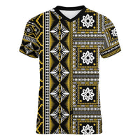 Fiji Masi Tapa Pattern Yellow Women V-Neck T-Shirt - Polynesian Pride