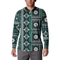 Fiji Masi Tapa Pattern Teal Button Sweatshirt - Polynesian Pride