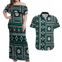 Fiji Masi Tapa Pattern Teal Couples Matching Off Shoulder Maxi Dress and Hawaiian Shirt - Polynesian Pride