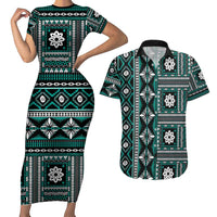 Fiji Masi Tapa Pattern Teal Couples Matching Short Sleeve Bodycon Dress and Hawaiian Shirt - Polynesian Pride