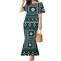 Fiji Masi Tapa Pattern Teal Family Matching Mermaid Dress and Hawaiian Shirt - Polynesian Pride