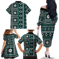 Fiji Masi Tapa Pattern Teal Family Matching Off The Shoulder Long Sleeve Dress and Hawaiian Shirt - Polynesian Pride