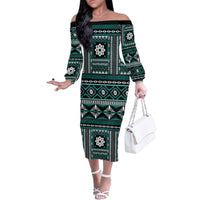 Fiji Masi Tapa Pattern Teal Family Matching Off The Shoulder Long Sleeve Dress and Hawaiian Shirt - Polynesian Pride