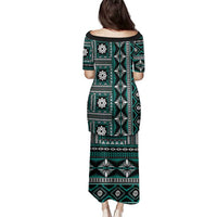 Fiji Masi Tapa Pattern Teal Family Matching Puletasi and Hawaiian Shirt - Polynesian Pride