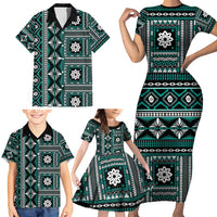 Fiji Masi Tapa Pattern Teal Family Matching Short Sleeve Bodycon Dress and Hawaiian Shirt - Polynesian Pride