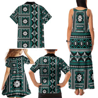Fiji Masi Tapa Pattern Teal Family Matching Tank Maxi Dress and Hawaiian Shirt - Polynesian Pride