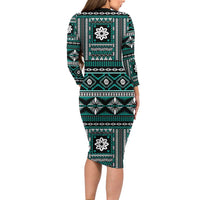 Fiji Masi Tapa Pattern Teal Long Sleeve Bodycon Dress - Polynesian Pride