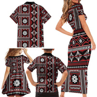 Fiji Masi Tapa Pattern Red Family Matching Short Sleeve Bodycon Dress and Hawaiian Shirt - Polynesian Pride
