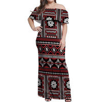 Fiji Masi Tapa Pattern Red Off Shoulder Maxi Dress - Polynesian Pride