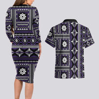 Fiji Masi Tapa Pattern Purple Couples Matching Long Sleeve Bodycon Dress and Hawaiian Shirt - Polynesian Pride