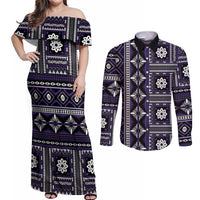 Fiji Masi Tapa Pattern Purple Couples Matching Off Shoulder Maxi Dress and Long Sleeve Button Shirt - Polynesian Pride