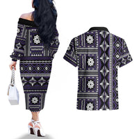 Fiji Masi Tapa Pattern Purple Couples Matching Off The Shoulder Long Sleeve Dress and Hawaiian Shirt - Polynesian Pride