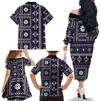 Fiji Masi Tapa Pattern Purple Family Matching Off The Shoulder Long Sleeve Dress and Hawaiian Shirt - Polynesian Pride