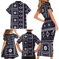 Fiji Masi Tapa Pattern Purple Family Matching Short Sleeve Bodycon Dress and Hawaiian Shirt - Polynesian Pride