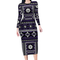 Fiji Masi Tapa Pattern Purple Long Sleeve Bodycon Dress - Polynesian Pride