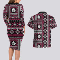 Fiji Masi Tapa Pattern Pink Couples Matching Long Sleeve Bodycon Dress and Hawaiian Shirt - Polynesian Pride