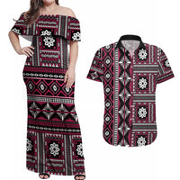 Fiji Masi Tapa Pattern Pink Couples Matching Off Shoulder Maxi Dress and Hawaiian Shirt - Polynesian Pride