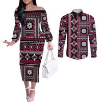 Fiji Masi Tapa Pattern Pink Couples Matching Off The Shoulder Long Sleeve Dress and Long Sleeve Button Shirt - Polynesian Pride