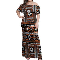 Fiji Masi Tapa Pattern Orange Off Shoulder Maxi Dress - Polynesian Pride