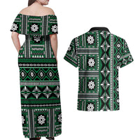 Fiji Masi Tapa Pattern Green Couples Matching Off Shoulder Maxi Dress and Hawaiian Shirt - Polynesian Pride