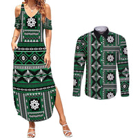 Fiji Masi Tapa Pattern Green Couples Matching Summer Maxi Dress and Long Sleeve Button Shirt - Polynesian Pride