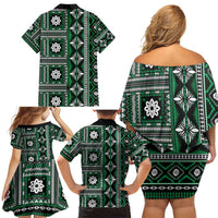Fiji Masi Tapa Pattern Green Family Matching Off Shoulder Short Dress and Hawaiian Shirt - Polynesian Pride