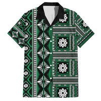 Fiji Masi Tapa Pattern Green Family Matching Off Shoulder Short Dress and Hawaiian Shirt - Polynesian Pride