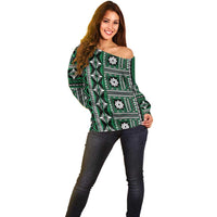 Fiji Masi Tapa Pattern Green Off Shoulder Sweater - Polynesian Pride