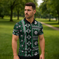 Fiji Masi Tapa Pattern Green Zipper Polo Shirt - Polynesian Pride