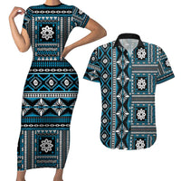 Fiji Masi Tapa Pattern Blue Couples Matching Short Sleeve Bodycon Dress and Hawaiian Shirt - Polynesian Pride