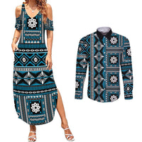 Fiji Masi Tapa Pattern Blue Couples Matching Summer Maxi Dress and Long Sleeve Button Shirt - Polynesian Pride