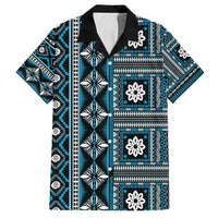 Fiji Masi Tapa Pattern Blue Family Matching Off Shoulder Maxi Dress and Hawaiian Shirt - Polynesian Pride