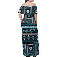 Fiji Masi Tapa Pattern Blue Family Matching Off Shoulder Maxi Dress and Hawaiian Shirt - Polynesian Pride