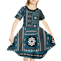 Fiji Masi Tapa Pattern Blue Kid Short Sleeve Dress - Polynesian Pride