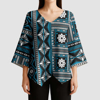 Fiji Masi Tapa Pattern Blue Kimono Sleeve Blouse - Polynesian Pride