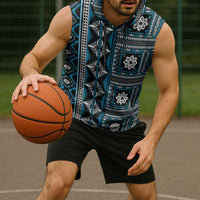 Fiji Masi Tapa Pattern Blue Sleeveless Hoodie - Polynesian Pride