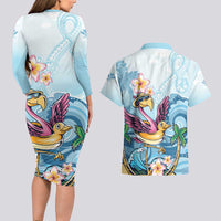 Hawaii Flamingo Couples Matching Long Sleeve Bodycon Dress and Hawaiian Shirt Plumeria Tropical Beach