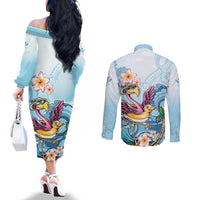 Hawaii Flamingo Couples Matching Off The Shoulder Long Sleeve Dress and Long Sleeve Button Shirt Plumeria Tropical Beach
