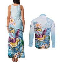 Hawaii Flamingo Couples Matching Tank Maxi Dress and Long Sleeve Button Shirt Plumeria Tropical Beach